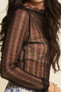 Davi & Dani Turtle Neck Lace Dotted Stretch Mesh Sheer Top