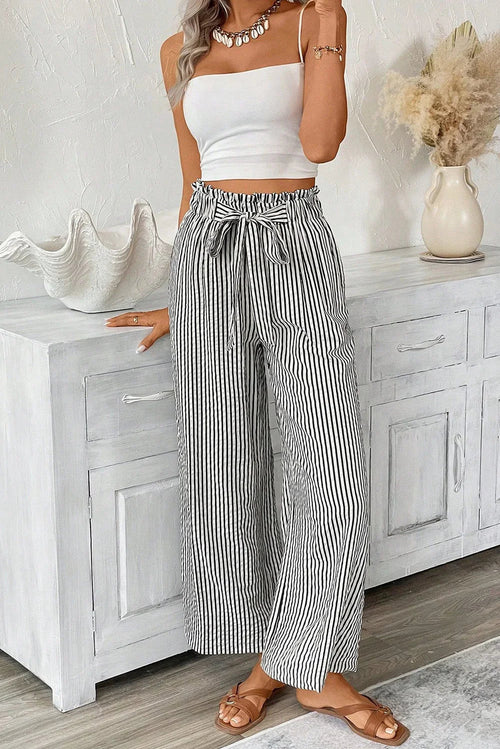 Black Striped Frill Knot Waist Decor Pants