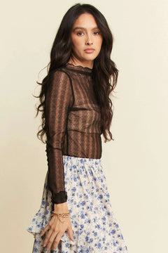 Davi & Dani Turtle Neck Lace Dotted Stretch Mesh Sheer Top