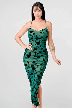 CLASSY MESH VELVET FLOCKING SIDE SLIT DRAWSTRING BACK BODYCON MIDI DRESS