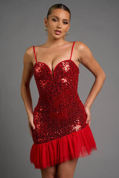 GLAM SEQUINS SHEER TULLE ASYMMETRIC HEM MINI DRESS