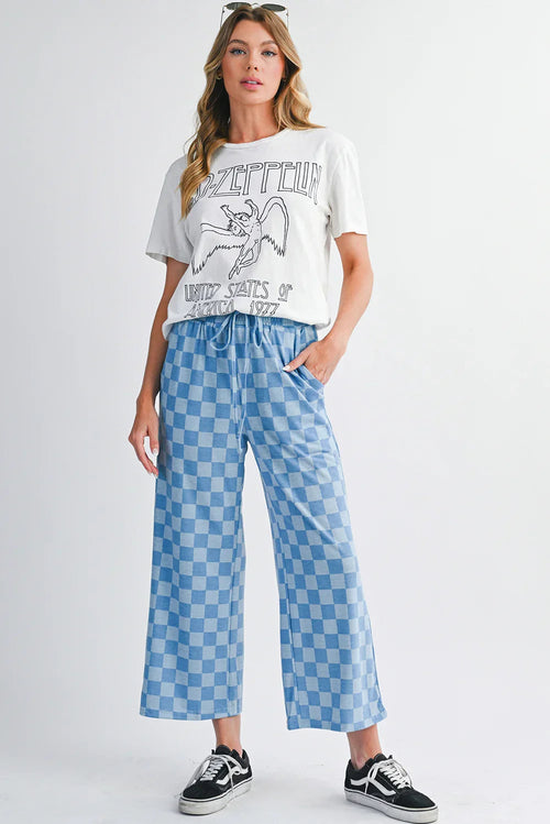 Sky Blue Tie Elastic Waist Checkered Loose Pants