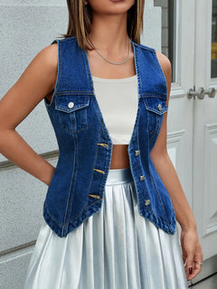 V-Neck Button-Front Denim Vest