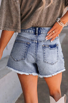Beau Blue Pearl Studded Pocket Raw Hem Denim Shorts