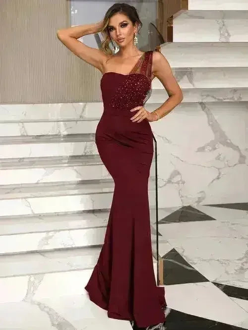 Rhinestone One-Shoulder Formal Dress – Elegant Evening Gown