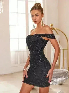 Glitter Ruched Off-Shoulder Mini Dress