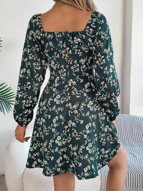 Printed Sweetheart Neck Balloon Sleeve Mini Dress