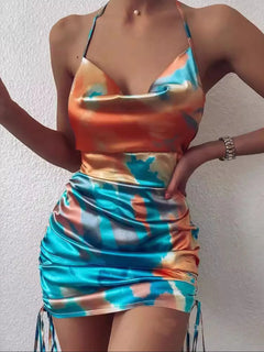 Tie-Dye Halter Ruched Mini Dress with Side Drawstring