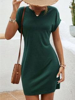 Notched Short Sleeve Mini Tee Dress - Boutique Clothing