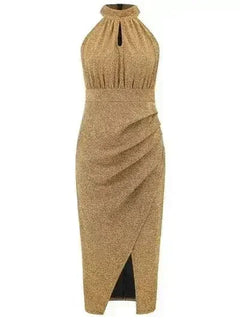 Slit Ruched Mock Neck Sleeveless Dress