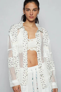 POL Floral Crochet Patchwork Long Sleeve Shirt