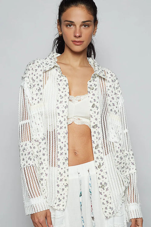 POL Floral Crochet Patchwork Long Sleeve Shirt