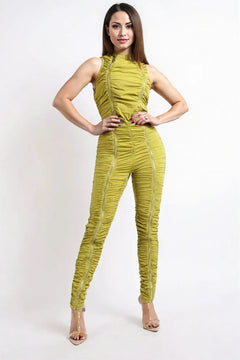 Track Zipper Ruched Jumpsuit Ruffle Dress Bodycon Jumpsuit CHARTREUSE