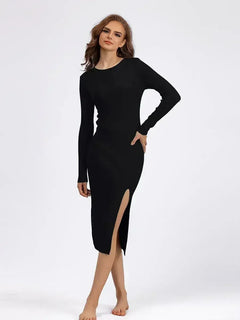 Autumn And Winter Long Sleeve Knitted Backless Round Neck Dress