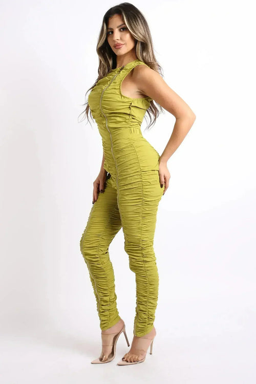 Track Zipper Ruched Jumpsuit Ruffle Dress Bodycon Jumpsuit CHARTREUSE