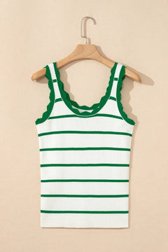 Rose Stripe Scalloped Edge Ribbed Tank Top