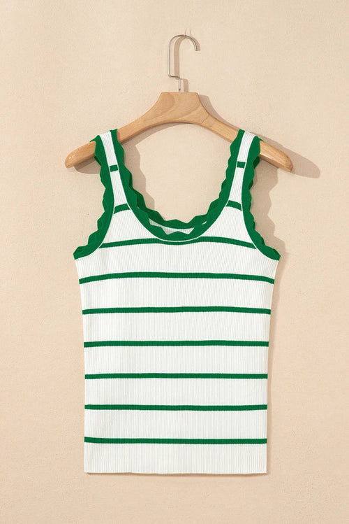Rose Stripe Scalloped Edge Ribbed Tank Top