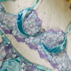 Romantic Blue Embroidered Push-up Lingerie Set