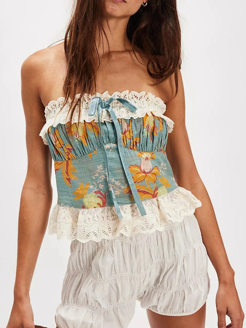Floral Print Lace Trim Tube Top