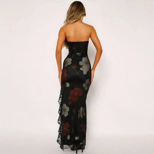 Printed Lace Stitching Wrapped Chest Dew Dress