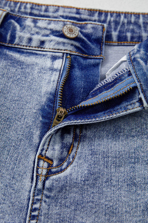 Beau Blue Pearl Studded Pocket Raw Hem Denim Shorts