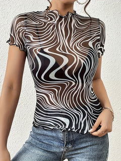 Psychedelic Wave Print Mock Neck T-Shirt