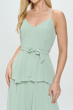 Belted Layered Hem Sleeveless Maxi Dress
