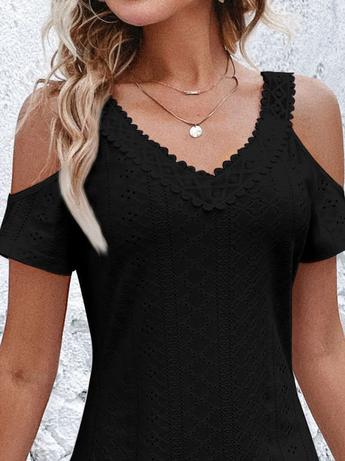 Cold Shoulder Short Sleeve Eyelet Mini Dress