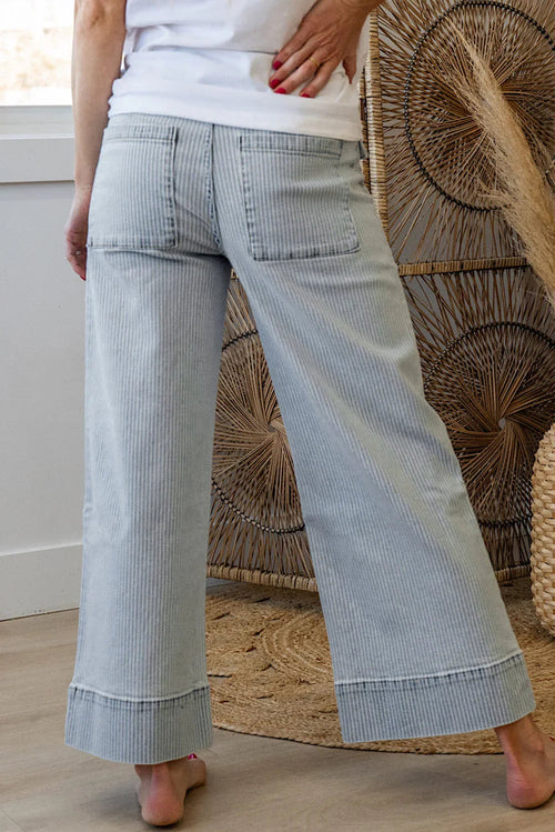 Sky Blue Striped Button Flap Pocket Cuffed Hem Wide Leg Jeans