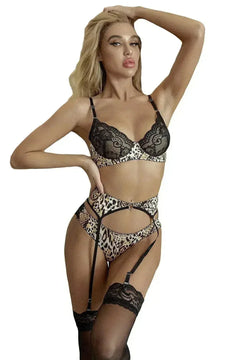 Print Lace Splicing Bralette Set with Garter Belts