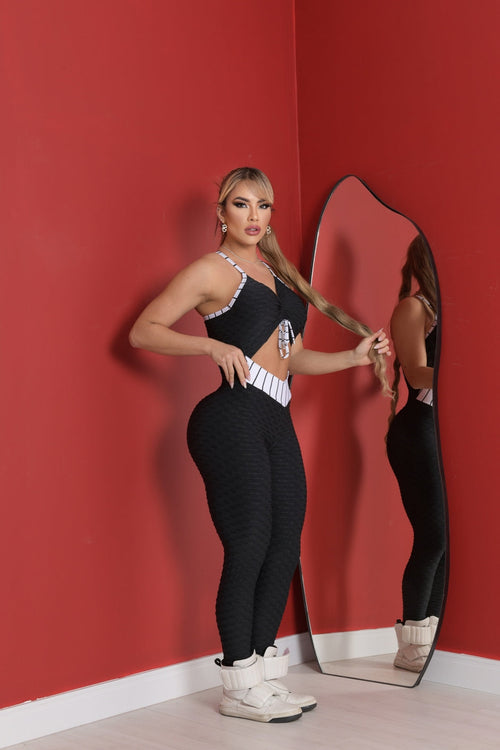 SCRUNCH BOOTY BLACK WAVE AND WHITE STRIPES DETAIL JUMPSUIT