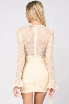 LUXE LACE V-NECK MESH SIDE DRAPED MINI DRESS