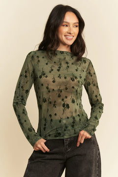 Davi & Dani Floral Mesh Long Sleeve Sheer Layering Top