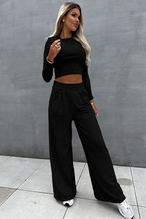 Charming Black Crop Top & Wide Leg Pants Set
