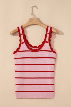 Rose Stripe Scalloped Edge Ribbed Tank Top