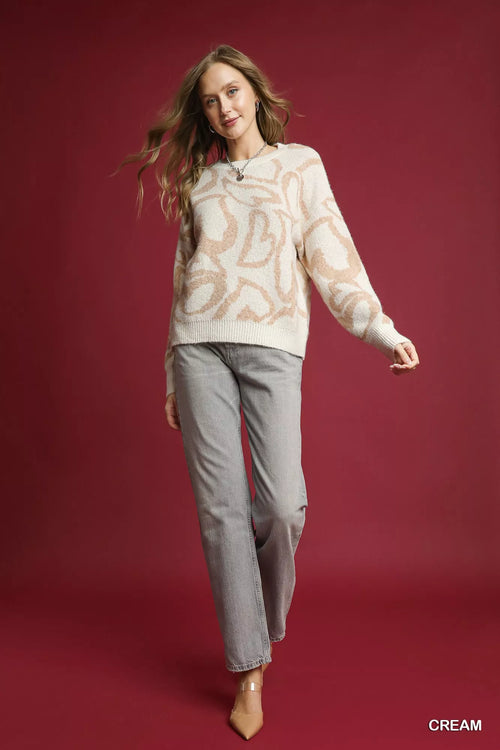 Umgee Heart Print Crew Neck Sweater