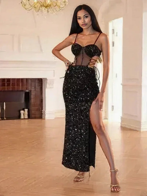 Lace-Up Sequin Slit Sweetheart Neck Maxi Cami Dress