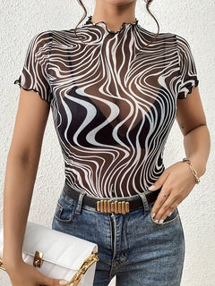 Psychedelic Wave Print Mock Neck T-Shirt