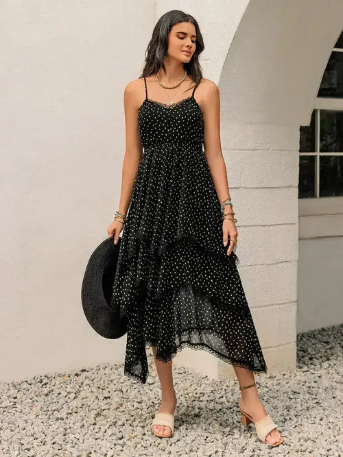 Lace Detail Layered Printed Midi Cami Dress