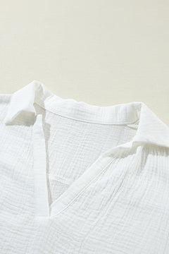 White Crinkled Lace Splicing Sleeve Collared V Neck Blouse