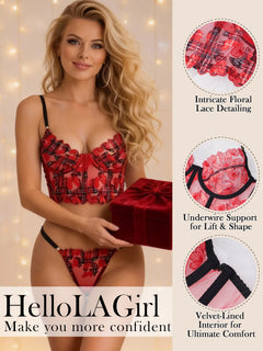 Red Tartan Flower Lingerie Set