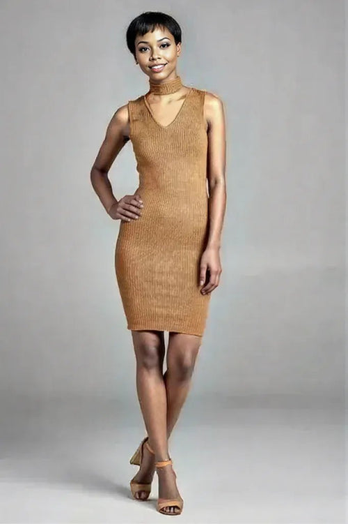 Women's Sleeveless V-Neck Choker Sweater Dress