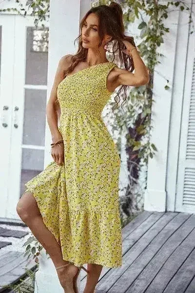 Floral one shoulder smocked dress