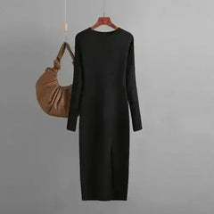 Autumn And Winter Long Sleeve Knitted Backless Round Neck Dress