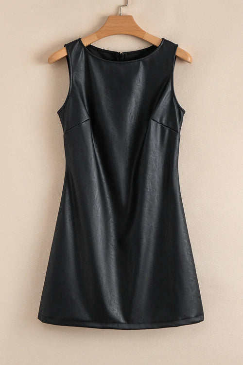 Black Faux Leather Sleeveless Round Neck Mini Dress