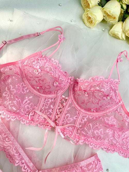 Pink Pearls Small Flower Lace Lingerie Set