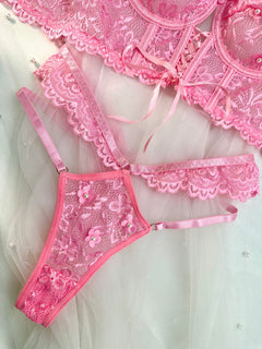Pink Pearls Small Flower Lace Lingerie Set