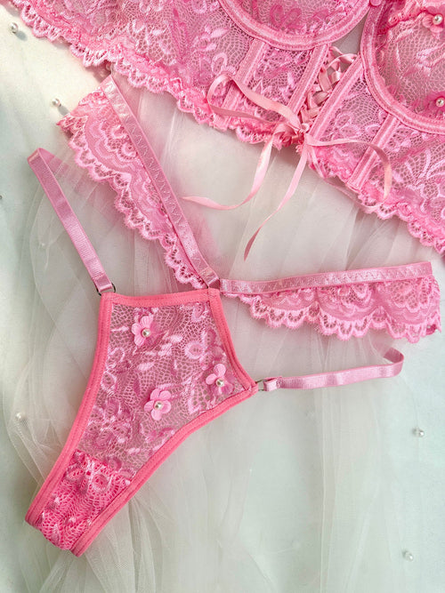 Pink Pearls Small Flower Lace Lingerie Set