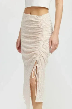 Nadia's Statement High-Slit Ruched Lace Skirt