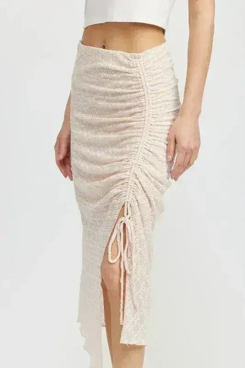 Nadia's Statement High-Slit Ruched Lace Skirt